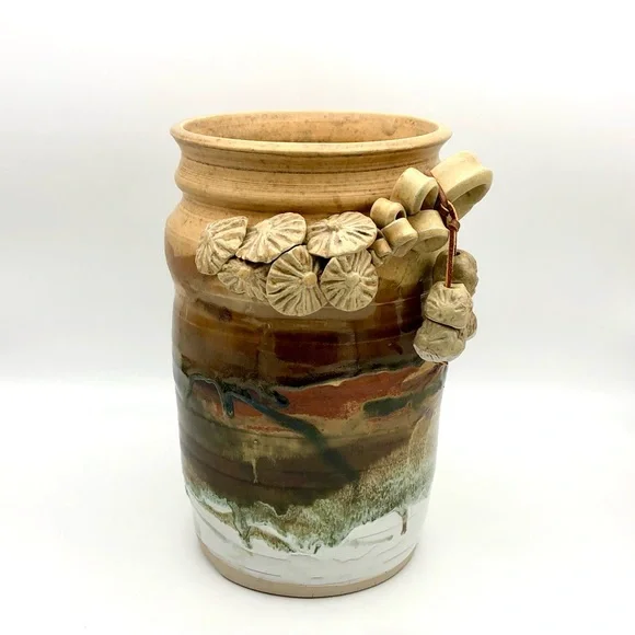 Large Pottery Crock Vase Hand Made Beads On Leather Dangle Applied Floral Relief - Picture 15 of 15